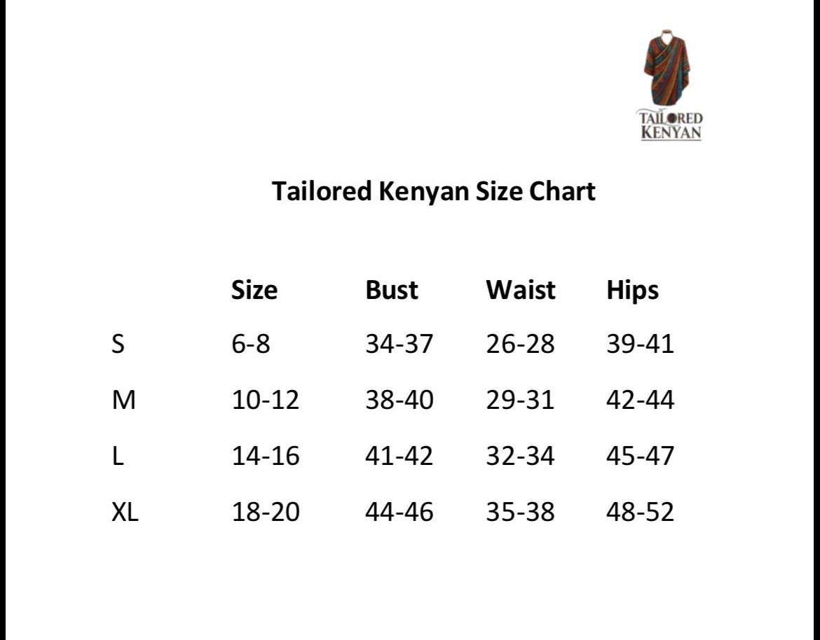 Tailored Kenyan size chart for sizes S to XL