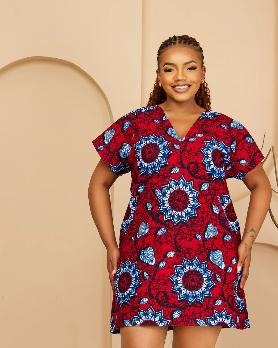 Golden Hour Shift in a red and navy print