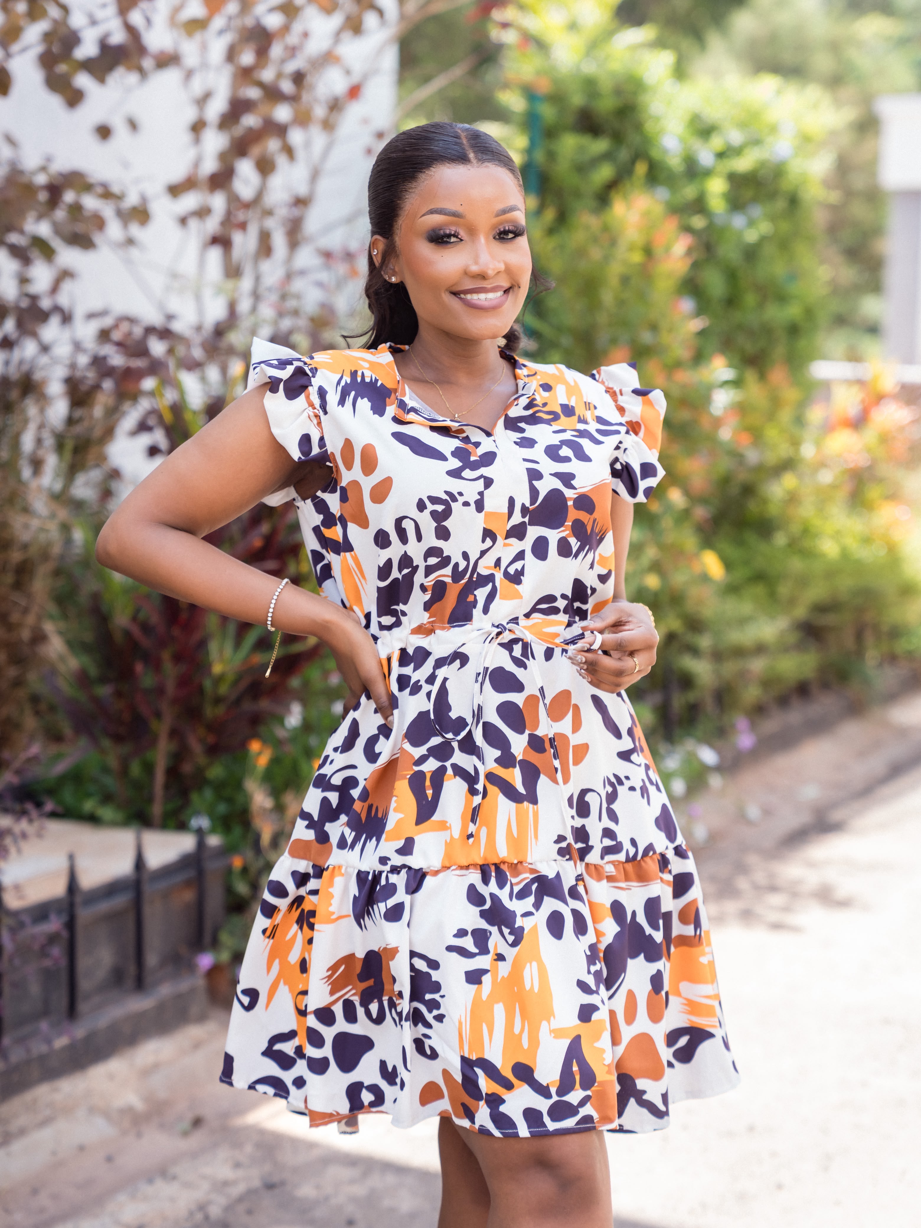 Desert Leopard dress, orange and navy abstract print