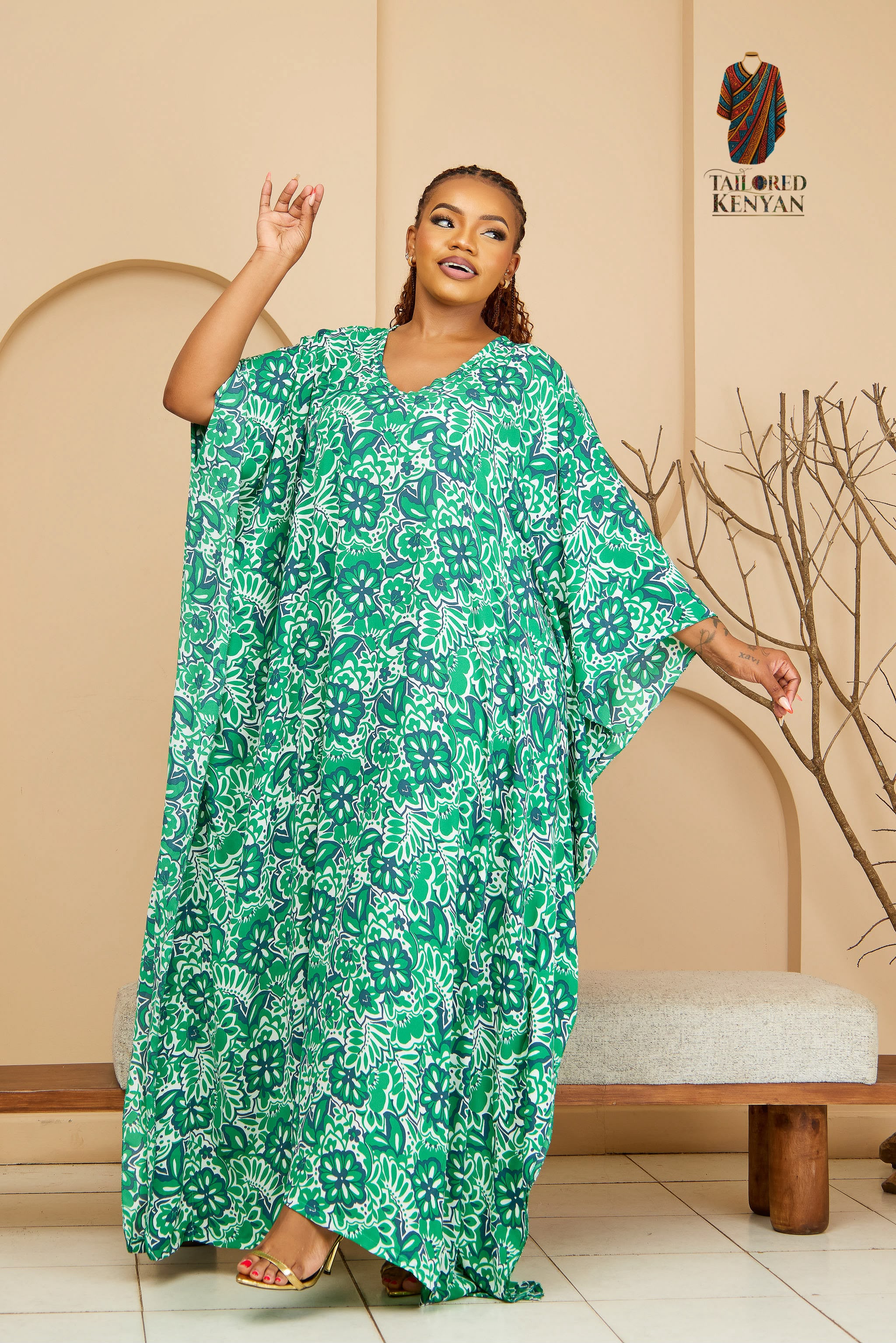 The Flora Silk Gown, green floral kaftan gown