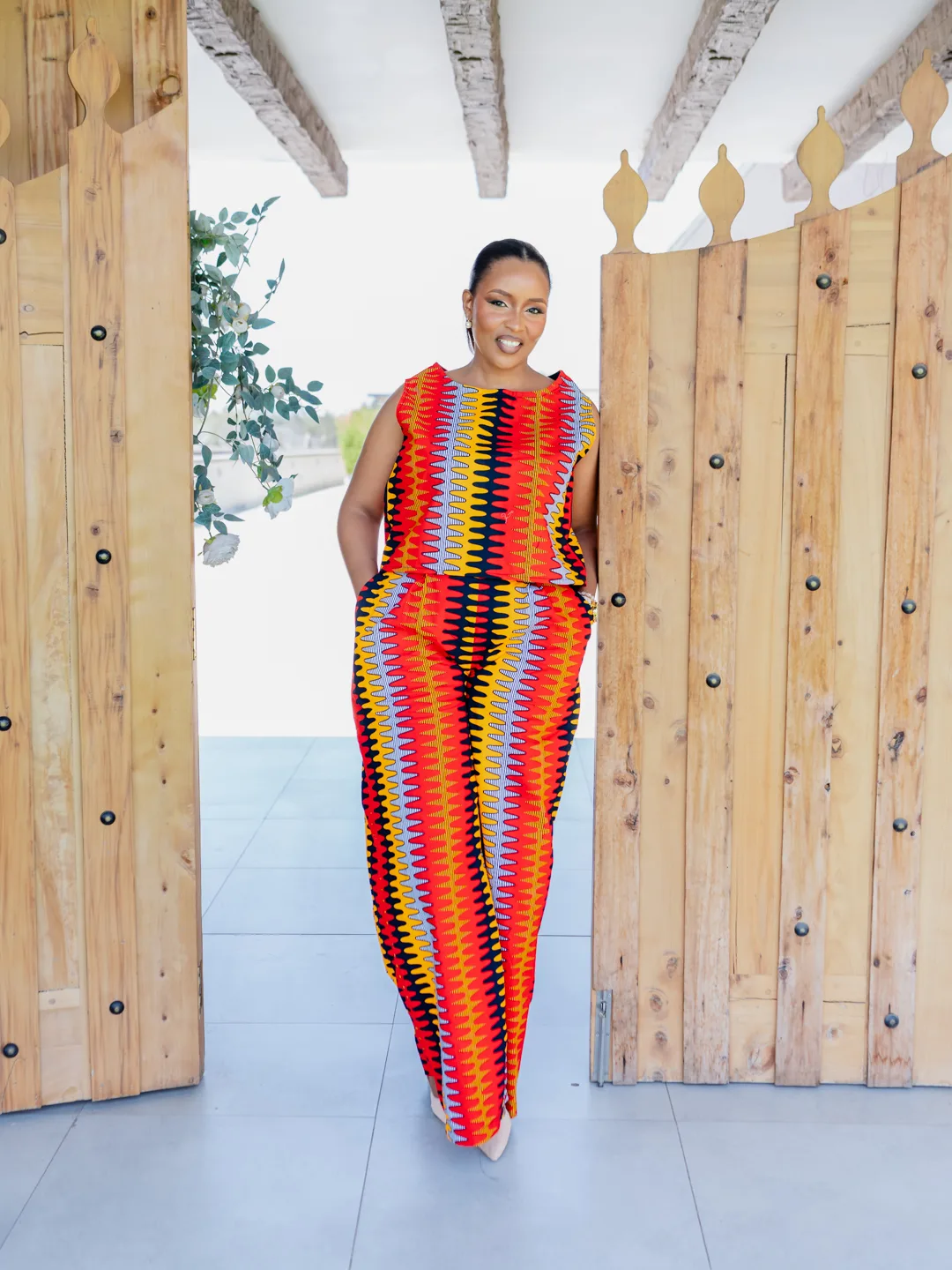 Ember Set, red, yellow and black chevron print sleeveless top and wide-leg trouser set